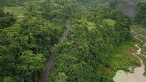 Aerial-birds-eye-shot-of-trucks-driving-on-rural-road-bet-ween-forest-woodland-on-the-slope-of-Merapi-Volcano---Transport-for-sand-mine-in-Indonesia---Ascend-shot