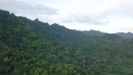Aerial-flight-over-scenic-dense-trees-of-forest-at-Menoreh-Hill-with-camping-place-in-Indonesia
