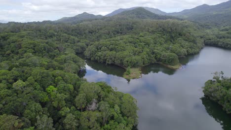 Copperlode-Dam,-Reservoir-Dam-In-Cairns-Region,-Queensland,-Australia---aerial-drone-shot