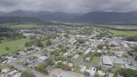 Cloudy-Sky-Over-Townscape-Of-Mossman-In-The-Shire-Of-Douglas,-Queensland,-Australia---aerial-drone-shot