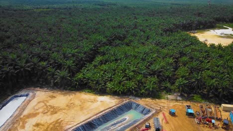 Cinematic-Drone-Footage-of-Onshore-Drilling-Rig-equipment-structure-for-oil-exploration-and-exploitation-in-the-middle-of-jungle-surrounded-by-palm-oil-trees-during-sunset-and-high-oil-price