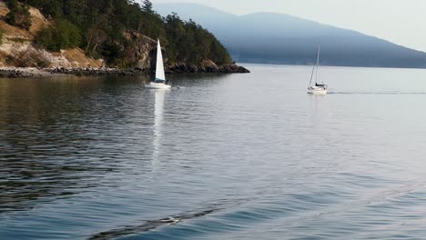 Boating---Sailboats-Cruising-In-The-Rosario-Strait-Near-The-Island-Seen-From-Ferry-Boat-In-Anacortes,-USA