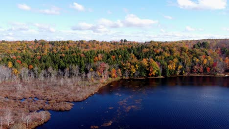 A-slow-high-pan-up-over-a-pond-in-Winthrop-Maine-during-the-Fall
