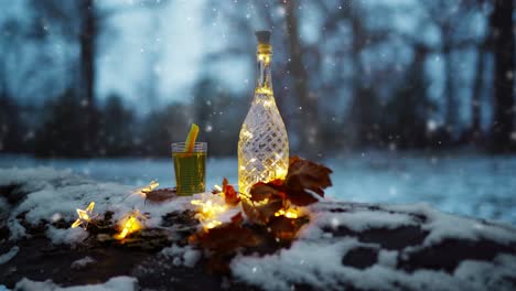 A-static-shot-of-a-bottle-made-with-glass-being-placed-on-a-tree-branch-covered-with-snow