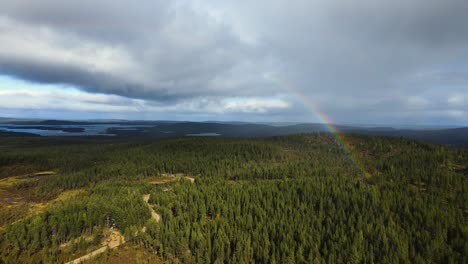 Rainbow-above-pine-forest-in-Inari,-northern-Finland