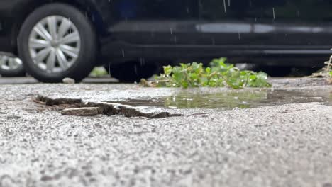 Raindrops-Falling-On-The-Ground-With-Parked-Car-In-Background