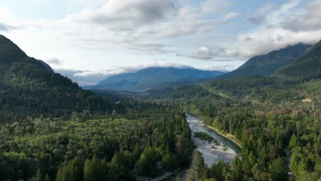 Wide-aerial-view-of-Baring,-Washington-surrounded-by-the-Cascade-Mountains-and-dense-forests