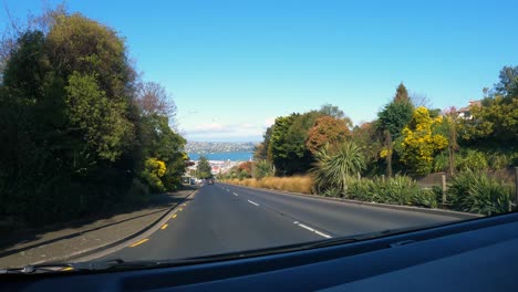 Fahren-Auf-Der-Straße-In-Der-Stadt-Dunedin,-Südinsel,-Neuseeland-Mit-Blick-Auf-Den-Hafen-Von-Otago-In-Der-Ferne