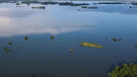 Aerial-Tilt-Up-View-Of-Large-Flooded-Rural-Landscape-In-Sylhet