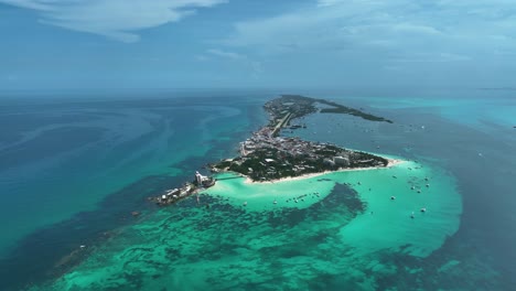Aerial-view-around-Isla-Mujeres-paradise-island,-in-sunny-Quintana-Roo,-Mexico---orbit,-drone-shot