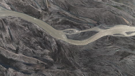 Bird's-eye-view-of-river-filled-with-glacial-silt-in-Thorsmork-Valley,-Iceland