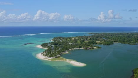 Aerial-Drone-Top-Notch-Fly-Above-Mauritius-Islands-Turquoise-Water-Sea,-Blue-Sky-Panorama-of-Tropical-Paradisiac-Travel-Destination-in-the-Indian-Ocean