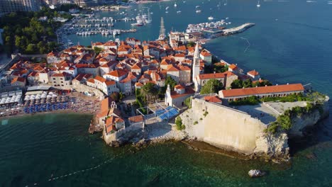 Aerial-drone-rotating-view-of-Budva-old-medieval-town-and-citadel-in-Montenegro