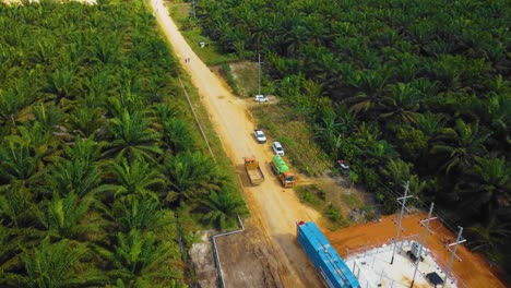 Cinematic-Drone-Footage-of-Onshore-Drilling-Rig-equipment-structure-for-oil-exploration-and-exploitation-in-the-middle-of-jungle-surrounded-by-palm-oil-trees-during-sunset-and-high-oil-price