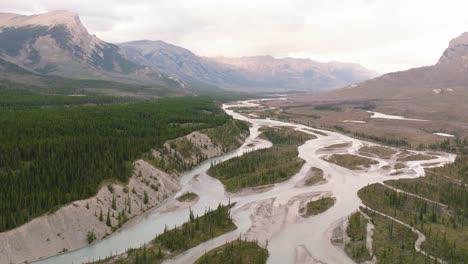 Aerial-Dolly-In-Flussbächen,-Umgeben-Von-Kiefernwald,-Kanadischen-Rocky-Mountains-Im-Hintergrund,-Banff-Nationalpark,-Alberta,-Kanada