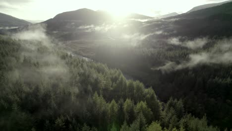 Aerial-drone-footage-slowly-rising-above-a-river-and-a-forest-of-conifer-trees-while-shafts-of-light-illuminate-low-hanging-cloud-in-the-treetops-as-the-sun-sets-behind-mountains