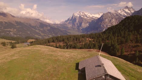 aerial-drone-footage-pushing-in-over-alpine-meadows-flying-towards-Grindelwald-and-Wetterhorn