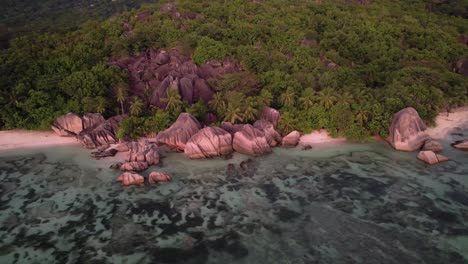 Anse-Source-D'argent-Beach-on-La-digue-island-The-Seychelles-at-sunset-Aerial-view