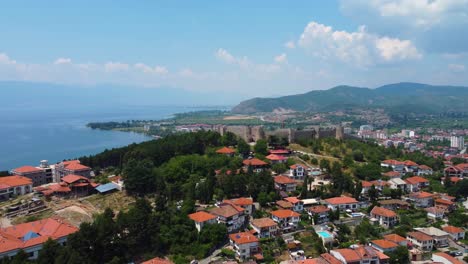 Aerial-drone-view-of-Ohrid-North-Macedonia-next-to-Ohrid-lake-with-beautiful-fortress-Macedonia-tourism