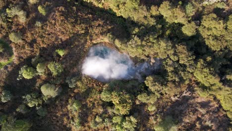 Top-down-aerial-footage-of-a-blue-steaming-hot-spring-within-a-dense-forest-at-sunset