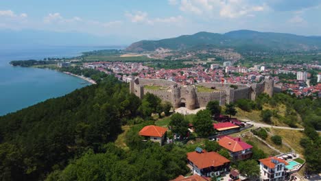 Aerial-drone-view-of-Samuels-fortress-in-Ohrid-North-Macedonia-next-to-lake-Ohrid