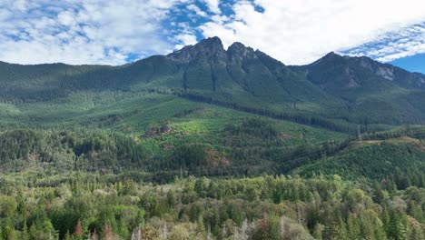 Breite-Luftaufnahme-Von-Bäumen-Rund-Um-Die-Riesigen-Berge-Im-Bundesstaat-Washington