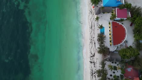 Uroa-beach-homes-with-swimming-pools-in-Zanzibar-Island-Tanzania-Africa,-Aerial-top-view-tilt-up-reveal-shot