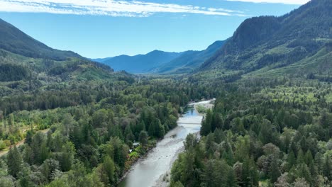 Elevated-aerial-view-of-the-Skykomish-river-passing-through-the-Cascade-Mountains
