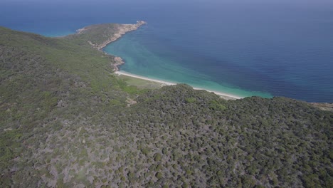 Landschaft-Mit-üppig-Grünen-Küstenhügeln-Und-Türkisfarbenem-Meer-In-Der-Clam-Bay-Auf-Der-Great-Keppel-Island