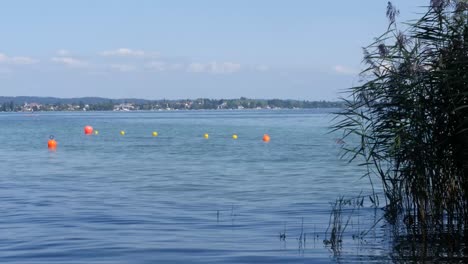 View-of-Lake-Constance-from-shore,-buoys-floating-in-water