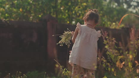 Static-handheld-shot-of-a-young-indian-girl-with-flowers-in-her-hand-standing-in-garden-with-plants,-trees-and-a-wall-in-background-while-she-throws-away-a-plant