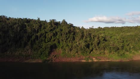 Aerial-lateral-view-of-river-shore-with-vegetated-Amazon-Rainforest-during-sunset