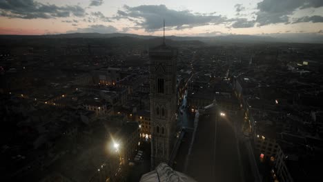 Aerial-View-Of-Free-standing-Giotto's-Campanile-At-Sunset-In-Florence,-Italy