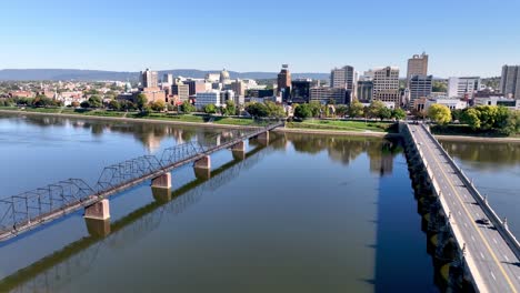 aerial-push-into-harrisburg-pennsylvania-over-the-susquehanna-river,-the-state-capital