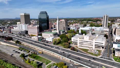 aerial-orbit-springfield-massachusetts-with-traffic-in-foreground