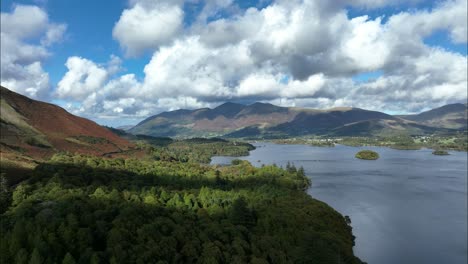Aerial-view-at-Derwent-Water-with-Keswick-in-the-distance,-Cumbria,-UK