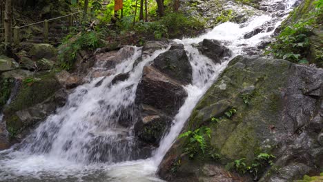 Mittlere-Ansicht-Des-Kaskadierenden-Wasserfalls,-Der-Moosige-Felsen-Hinunterfällt