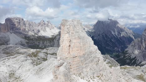 Close-up-aerial-view-of-Torre-Di-Toblin-mountain-peak-in-Italian-Dolomites