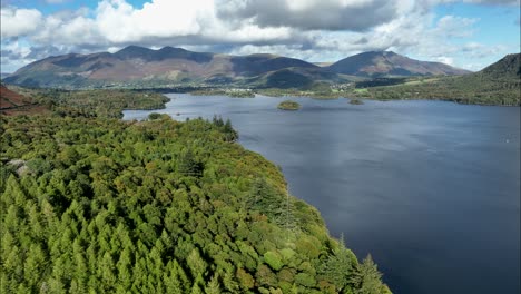 Aerial-View-over-Derwent-Water,-The-Lake-District,-Cumbria,-England