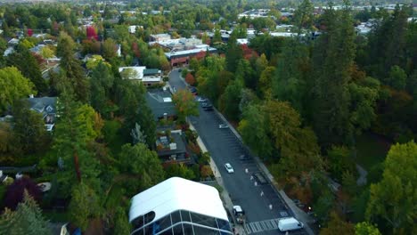 US,-Oregon,-Ashland---Drone-shot-of-Lithia-Park,-flying-north-towards-downtown