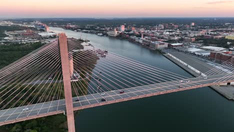 Aerial-establishing-shot-of-Savannah-River-in-Georgia-USA