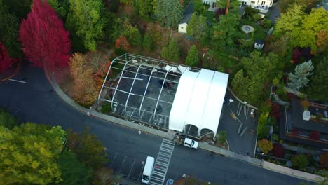 US,-Oregon,-Ashland---Drone-orbit-shot-over-the-Ice-Rink-which-is-being-assembled