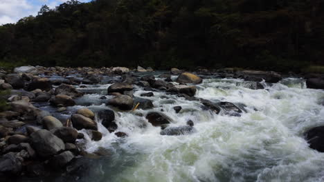 Powerful-mountain-river-stream-flowing,-low-altitude-drone-view