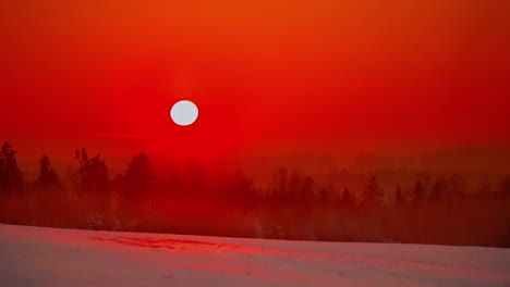 The-fiery-sun-like-an-orb-of-light-sets-beyond-the-foggy-winter-forest---sunset-time-lapse