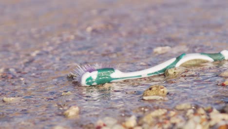 Close-up-of-plastic-old-toothbrush-washed-up-on-sandy-beach-being-washed-away-by-current-and-waves