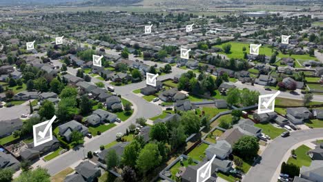 Aerial-view-of-a-suburban-American-neighborhood-with-white-checkmarks-animating-over-houses