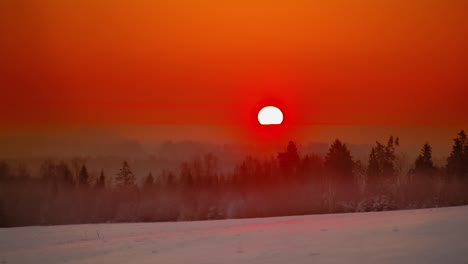 The-bright-orb-of-a-glowing-sun-rises-over-the-horizon-in-winter-beyond-a-foggy-forest---time-lapse