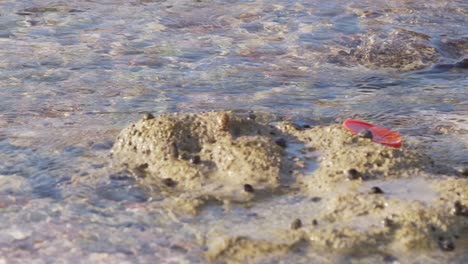 Plastic-bottle-caps-and-debris-floating-in-water-being-take-by-current,-slowmotion-pan
