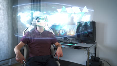 Young-man-with-VR-goggles-in-gaming-chair-marvels-at-3D-view-of-digital-augmented-reality-world-map