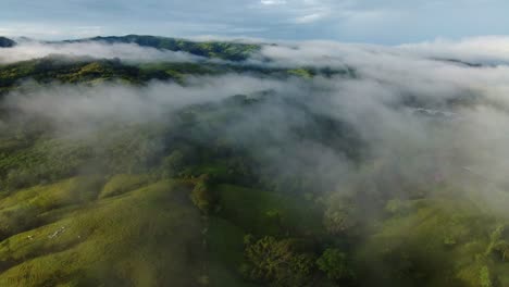 Flying-above-humid-rainforest-and-green-hills-with-low-misty-clouds